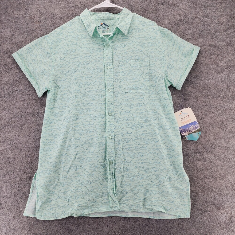 Mountain and Isles Shirt Womens Large Button Up Short Sleeve Blue